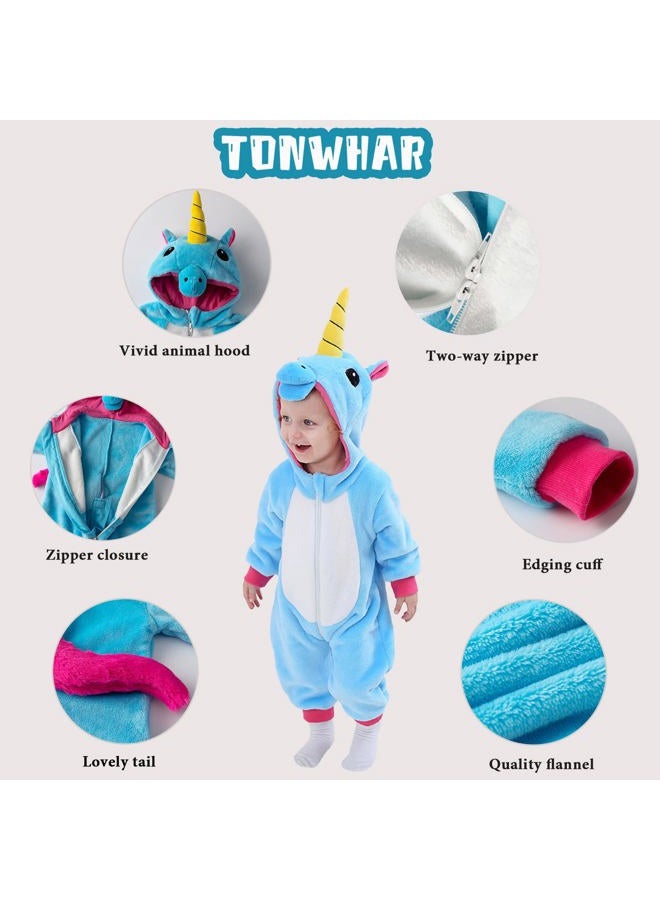 Tonwhar Kids' And Toddlers' Infant Tiger Dinosaur Animal Fancy Dress Costume Outfit Hooded Romper Jumpsuit, Blue Unicorn, 6-12 Months/Height:26"-29" - Image 2