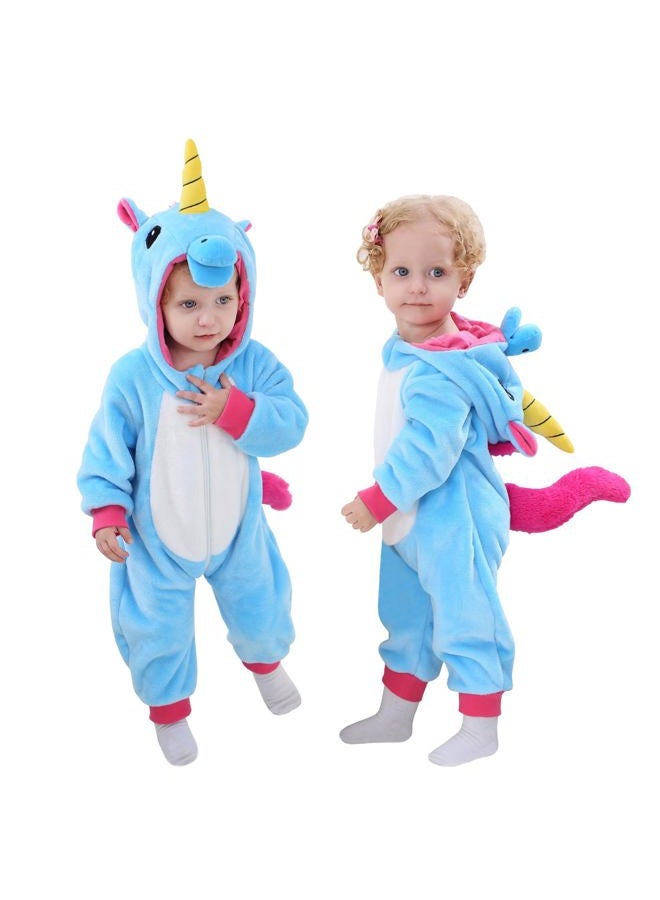 Tonwhar Kids' And Toddlers' Infant Tiger Dinosaur Animal Fancy Dress Costume Outfit Hooded Romper Jumpsuit, Blue Unicorn, 6-12 Months/Height:26"-29" - Image 1