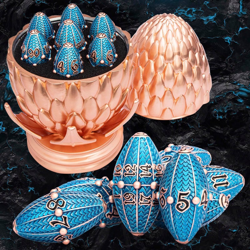 ARUOHHA DND Metal Dice Copper Blue Dragon Egg Dice with Rotating Dragon Egg Shell Role Playing Game RPG Polyhedral D and D Dice Set D20 D12 D10 D8 D6 D4 - Image 3