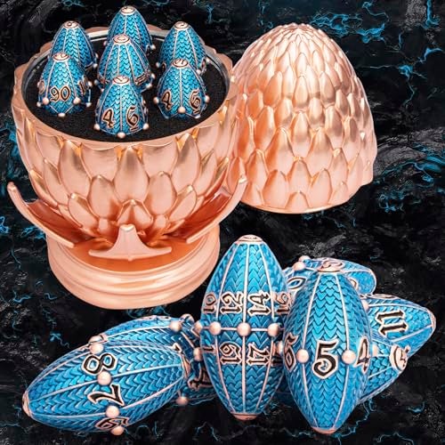 ARUOHHA DND Metal Dice Copper Blue Dragon Egg Dice with Rotating Dragon Egg Shell Role Playing Game RPG Polyhedral D and D Dice Set D20 D12 D10 D8 D6 D4 - Image 1
