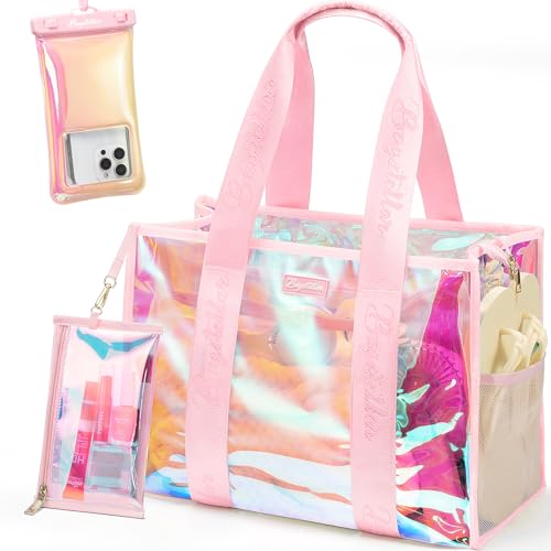 Bagstellar Beach Bags for Women 3 PCS Large Iridescent Clear Beach Tote Bag with Zipper Makeup Bag Waterproof Phone Pouch Case Sandproof Crossbody Swim Pool Bag Summer Vacation Travel Essentials - Image 1