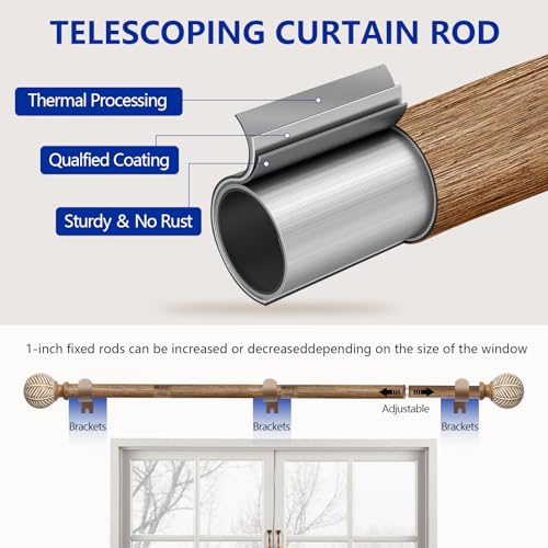 UNCONSIL Wood Curtain Rods for Windows: 1 Inch Diameter Adjustable Drapery Rods 72" to 144", Heavy Duty Window Rod with Imitation Wood Grain Leaf Pattern Finials - Image 4