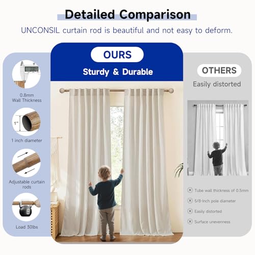 UNCONSIL Wood Curtain Rods for Windows: 1 Inch Diameter Adjustable Drapery Rods 72" to 144", Heavy Duty Window Rod with Imitation Wood Grain Leaf Pattern Finials - Image 3