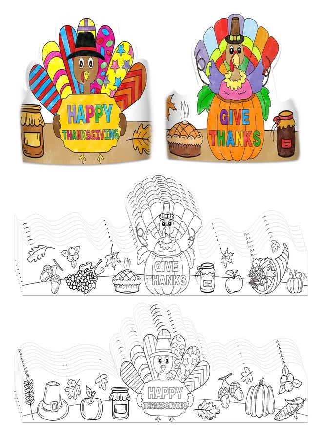 JUESMOS Color Your Own Turkey Crowns for Kids 24PCS Thanksgiving Coloring Turkey Headbands Fun Thanksgiving Activities for Kids Fall Thanksgiving Party Supply Family Classroom Activities Favors - Image 1