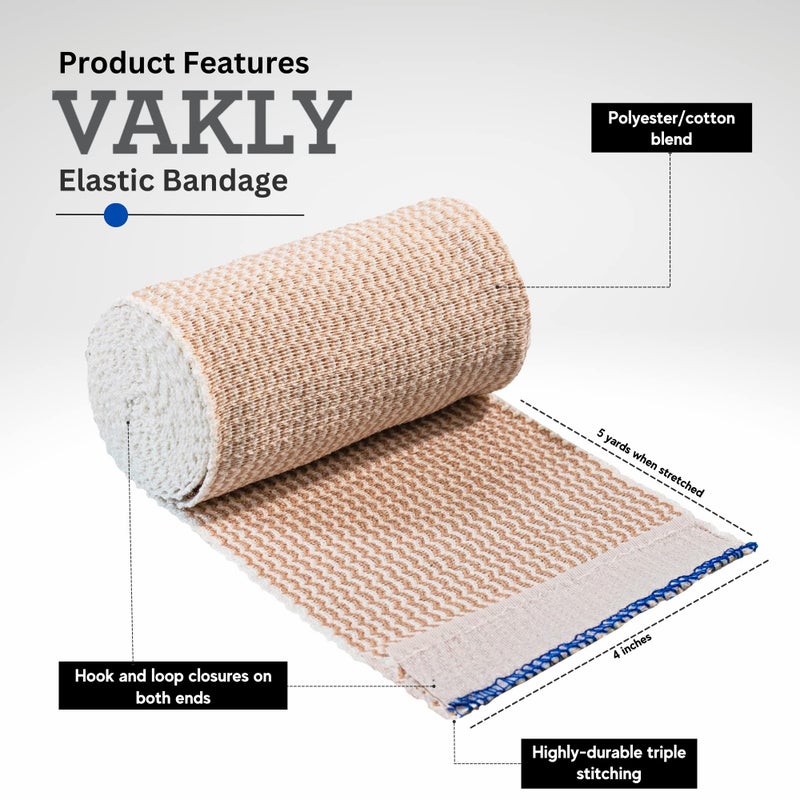 Vakly Elastic Bandage Wrap Rolls with Self-Closure [Pack of 10] Premium 4 Inch Bandages Comfort Athletic Compression Roll, 5 Yards Stretched for Customized First Aid Compression on Knee, Ankle & Wrist - Image 5