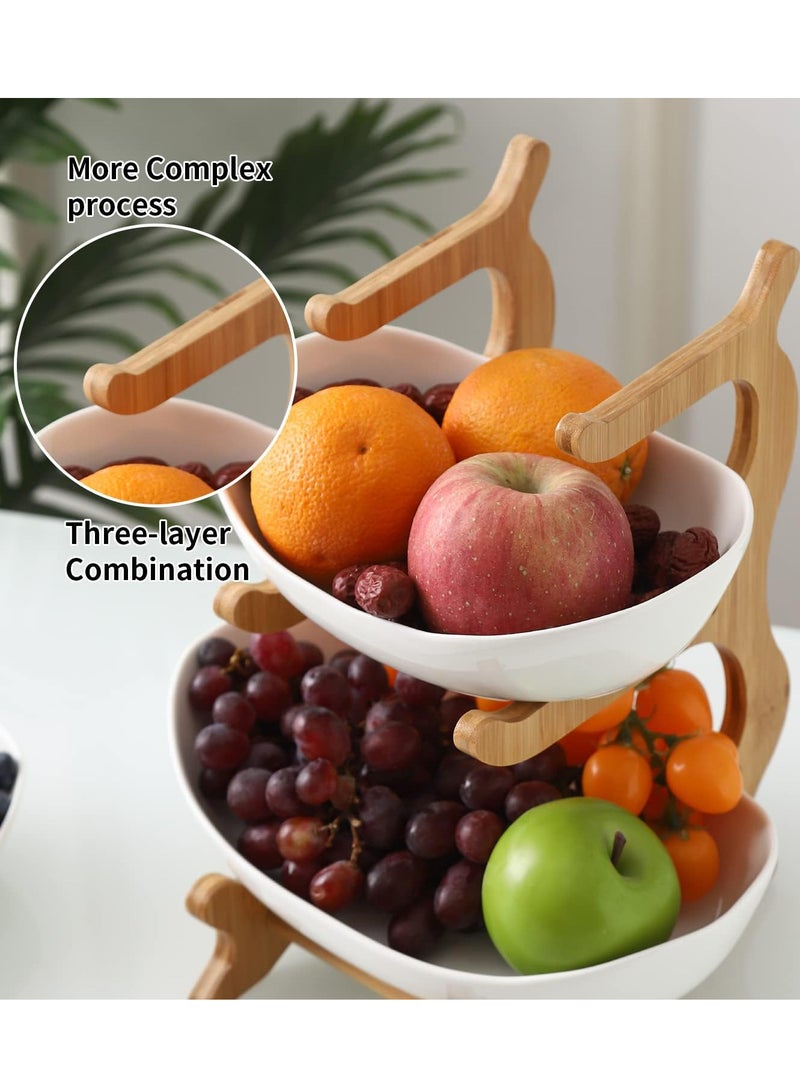 Relex 3 Tiered Fruit Basket, Large Capacity Vegetable Storage Stand, Bamboo Wood Basket with 3 Pieces Fruit Bowl, Elegant Fruit Tray for Serving Plates Dinnerware  - Image 3