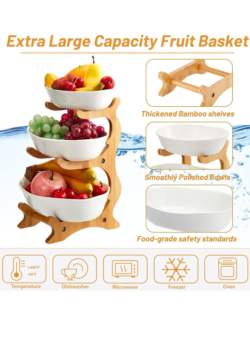 Relex 3 Tiered Fruit Basket, Large Capacity Vegetable Storage Stand, Bamboo Wood Basket with 3 Pieces Fruit Bowl, Elegant Fruit Tray for Serving Plates Dinnerware  - Image 5
