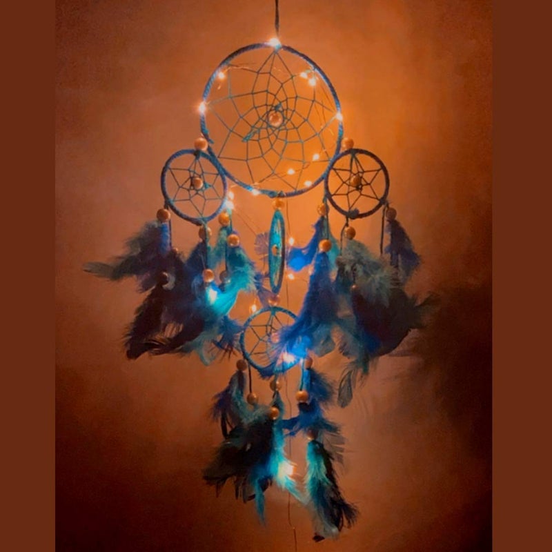 ROOH Dream Catcher ~ Blue 4 Tier with Pretty Lights ~ Handmade Hangings for Positivity (Can be Used as Home Decor, Gift, Wall Hangings, Meditation Room, Yoga Temple, Wind Chime & Car Hanging) - Image 1