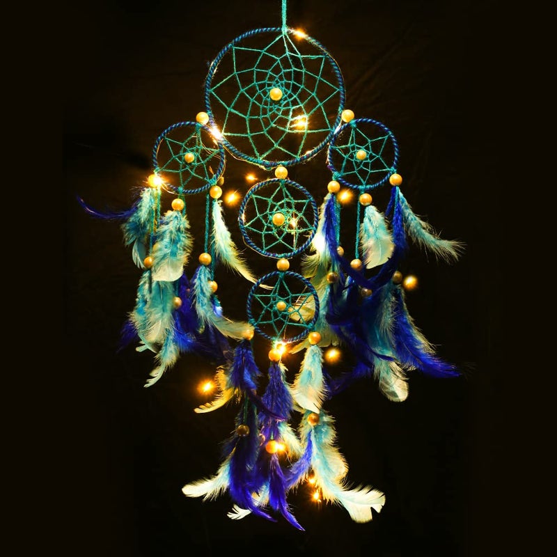 ROOH Dream Catcher ~ Blue 4 Tier with Pretty Lights ~ Handmade Hangings for Positivity (Can be Used as Home Decor, Gift, Wall Hangings, Meditation Room, Yoga Temple, Wind Chime & Car Hanging) - Image 3