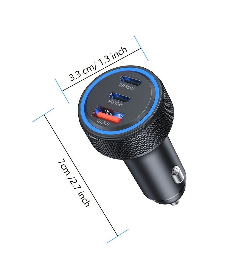 3 In 1 Metal Shell Car Charger 2 Pack Black USB C USB A PD QC Fast Power Adapter - Image 1