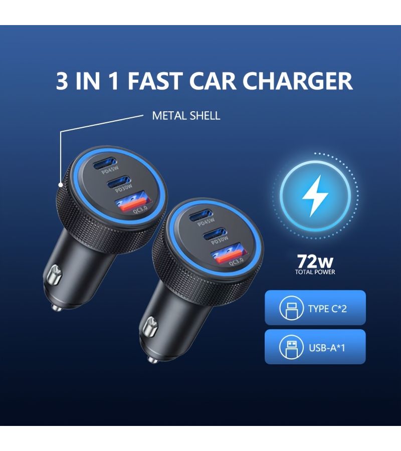 3 In 1 Metal Shell Car Charger 2 Pack Black USB C USB A PD QC Fast Power Adapter - Image 5