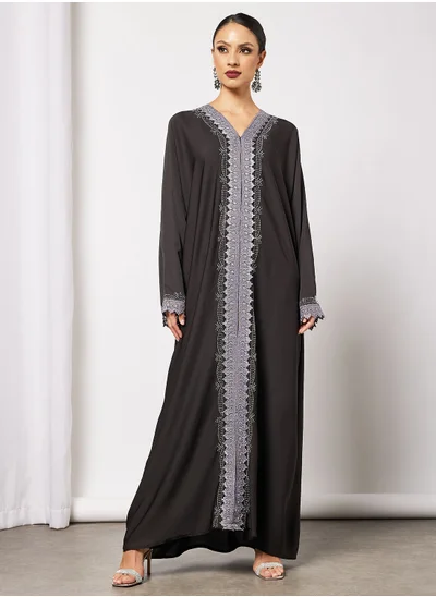 Hayat Abaya With Contrasting Stone Work And Lace Embellishment