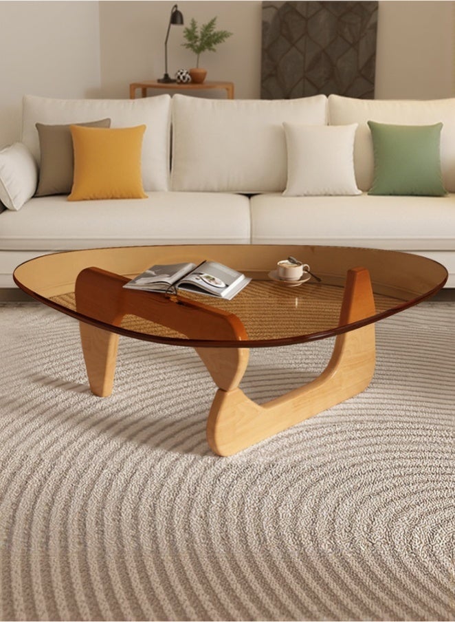 WALALLA Modern Glass Coffee Table, Triangular Hardened Glass Top with Wood Two-Sided Pedestal Base, Contemporary Mid-Century End Table for Living Room Office Balcony,Brown Glass + Oak Legs - Image 1