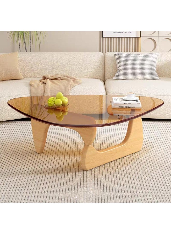 WALALLA Modern Glass Coffee Table, Triangular Hardened Glass Top with Wood Two-Sided Pedestal Base, Contemporary Mid-Century End Table for Living Room Office Balcony,Brown Glass + Oak Legs - Image 5