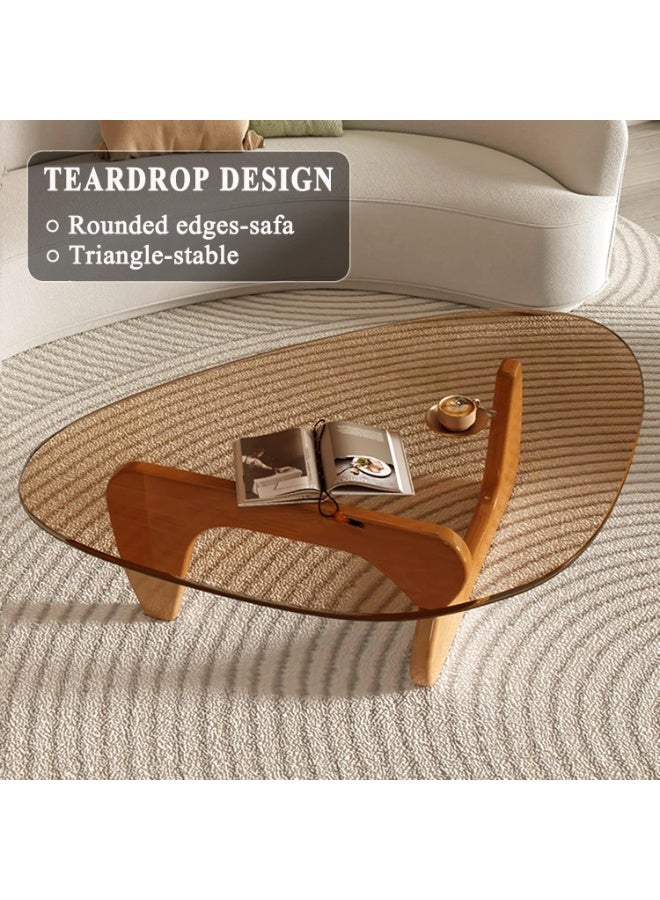 WALALLA Modern Glass Coffee Table, Triangular Hardened Glass Top with Wood Two-Sided Pedestal Base, Contemporary Mid-Century End Table for Living Room Office Balcony,Brown Glass + Oak Legs - Image 3