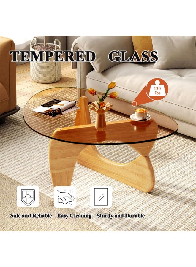 WALALLA Modern Glass Coffee Table, Triangular Hardened Glass Top with Wood Two-Sided Pedestal Base, Contemporary Mid-Century End Table for Living Room Office Balcony,Brown Glass + Oak Legs - Image 2