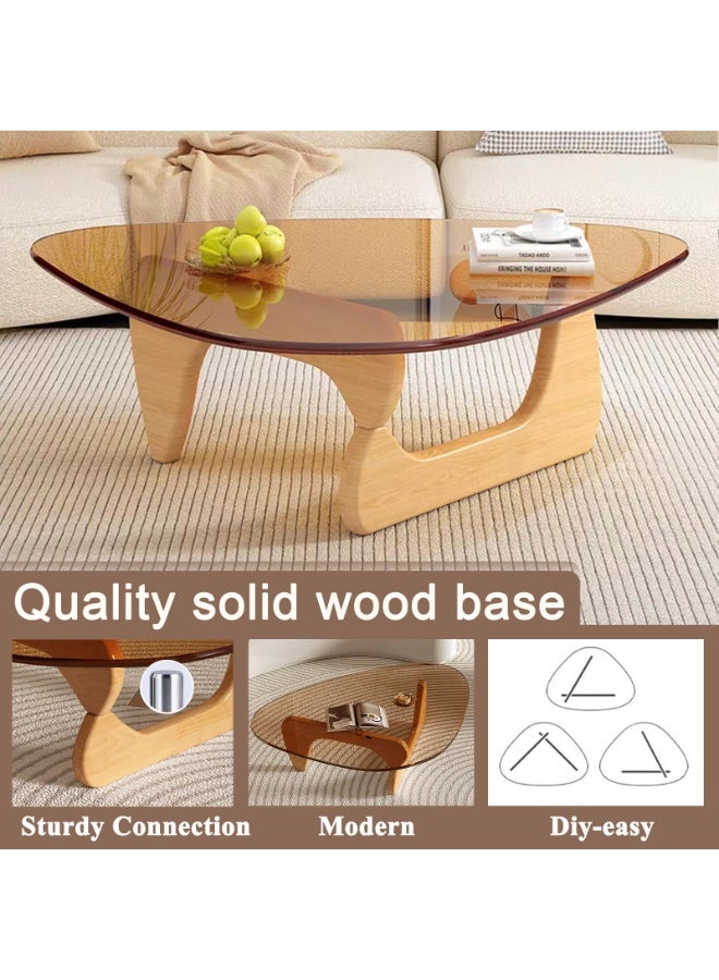 WALALLA Modern Glass Coffee Table, Triangular Hardened Glass Top with Wood Two-Sided Pedestal Base, Contemporary Mid-Century End Table for Living Room Office Balcony,Brown Glass + Oak Legs - Image 4