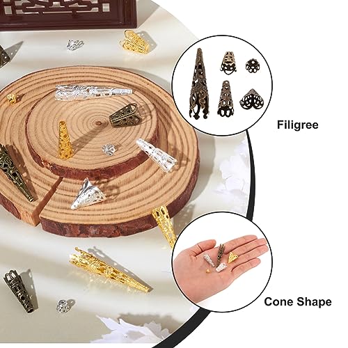 EEE ELECRELIVE Elecrelive 450Pcs Long Flower Bead Caps Hollow Cones Filigree Bead End Cap 5 Styles Pendant Cover Spacer Filigree Metal Embellishments for Tassel Jewelry Craft Bracelet Necklace DIY Making - Image 2