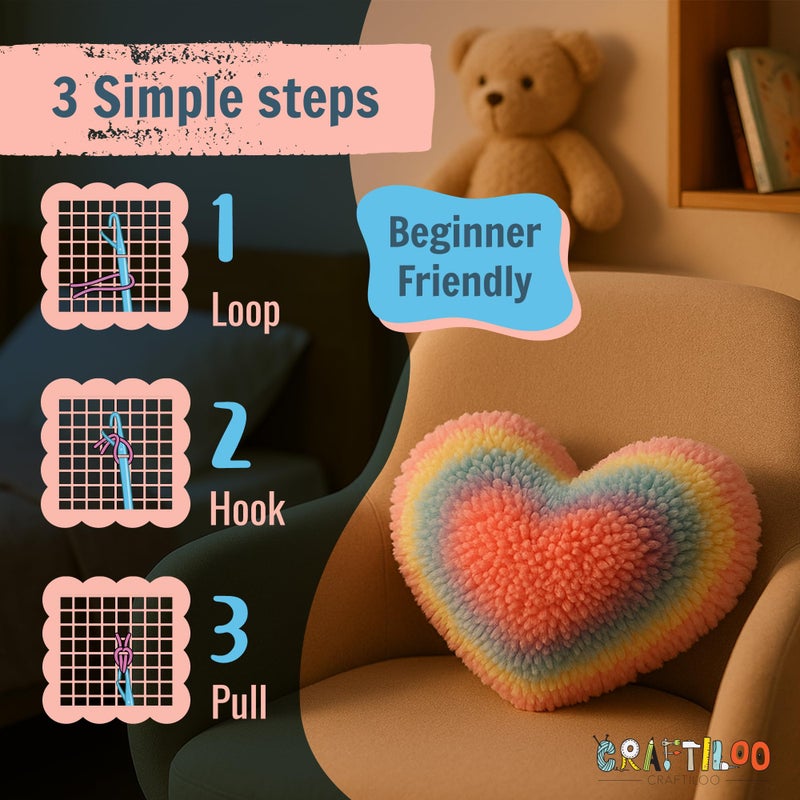 CRAFTILOO Latch Hook Kit for Kids Rug DIY Pillow Craft with Hook, Precut Yarn, Easy to Follow Pattern Cute Designs with Rainbow Heart Ages 6+ - Image 4