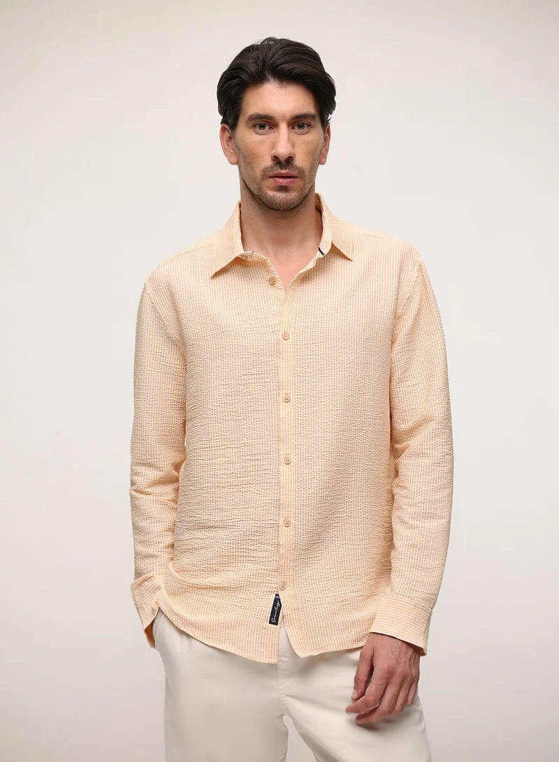 Beige Striped Button Down Relaxed Shirt For Men