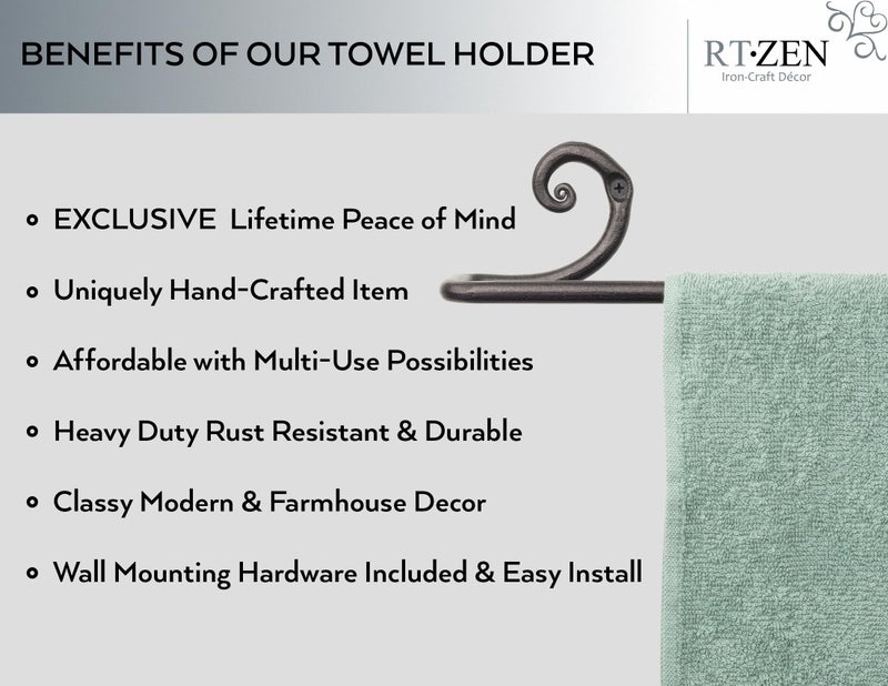 RTZEN Farmehouse Bathroom Towel Holder - Wrought Iron Matte Metal Black Towel Bar Wall Mount Rod - Handmade Home Decor Metal Kitchen Hanger Bar (24'' - Fits 24 Inch Towels) - Image 2