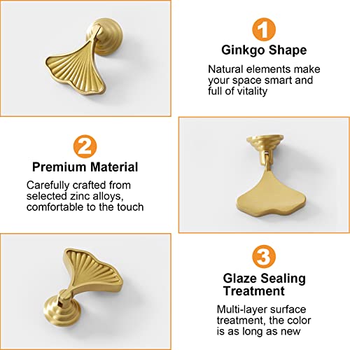 MOROBOR Ginkgo Leaf Shape Knob Handles, 6pcs Golden Drop Pendant Pull Handle Hardware Drawer Single Hole Handle Leaf Pulls for Wardrobe Cupboard Closets Cupboard - Image 3