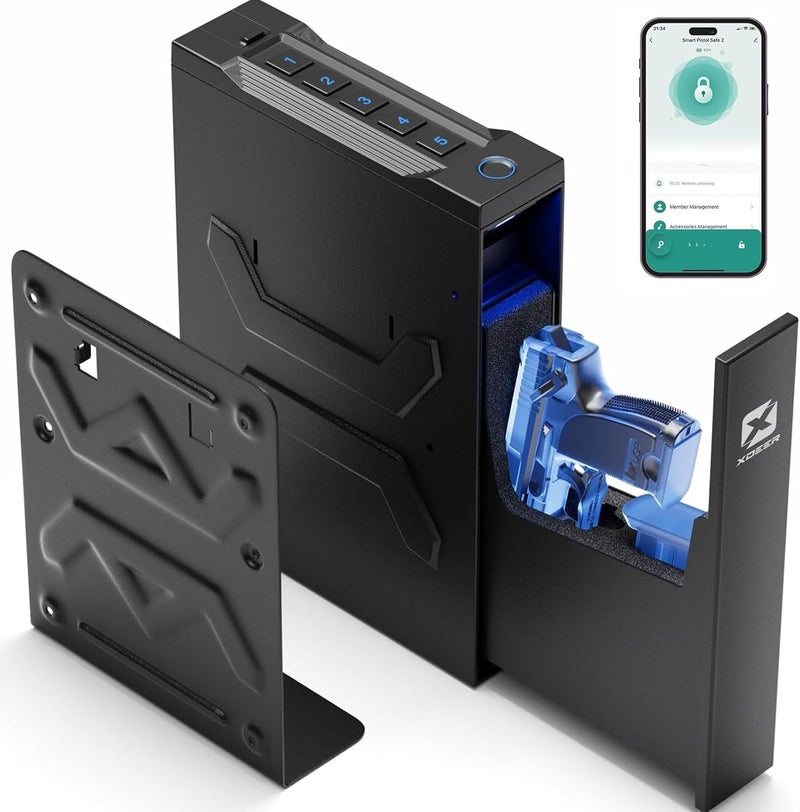 XDeer Biometric Gun Safes for Pistols - Handgun Safe with Upgraded Fingerprint & Keypad, Auto Open Lid & Interior Light for Home, Nightstand, and Car (SS-S12FB) - Image 1
