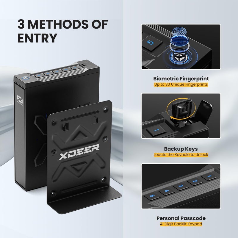 XDeer Biometric Gun Safes for Pistols - Handgun Safe with Upgraded Fingerprint & Keypad, Auto Open Lid & Interior Light for Home, Nightstand, and Car (SS-S12FB) - Image 3