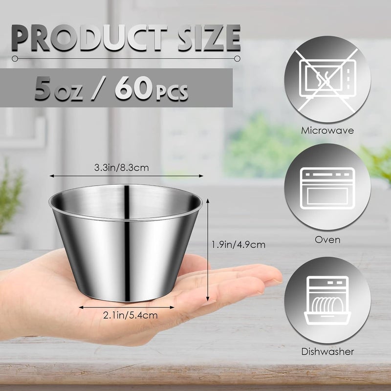 Potchen 60 Pcs Stainless Steel Sauce Cups Bulk5 Oz Metal Ramekins Dipping Sauce Cups Condiment Bowls Reusable Stackable Round Individual Dipping Bowls Containers for Kitchen Restaurant - Image 2