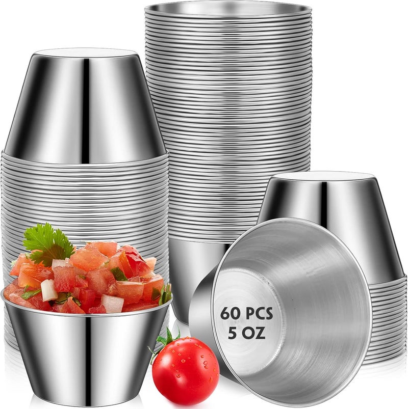 Potchen 60 Pcs Stainless Steel Sauce Cups Bulk5 Oz Metal Ramekins Dipping Sauce Cups Condiment Bowls Reusable Stackable Round Individual Dipping Bowls Containers for Kitchen Restaurant - Image 1