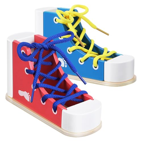STOBOK 2pcs Learn to Tie Shoes for Kids with Wooden Lacing Sneaker Toy TieUp Shoe Practice Kit Threading Montessori Educational Toys Blue Pink - Image 1
