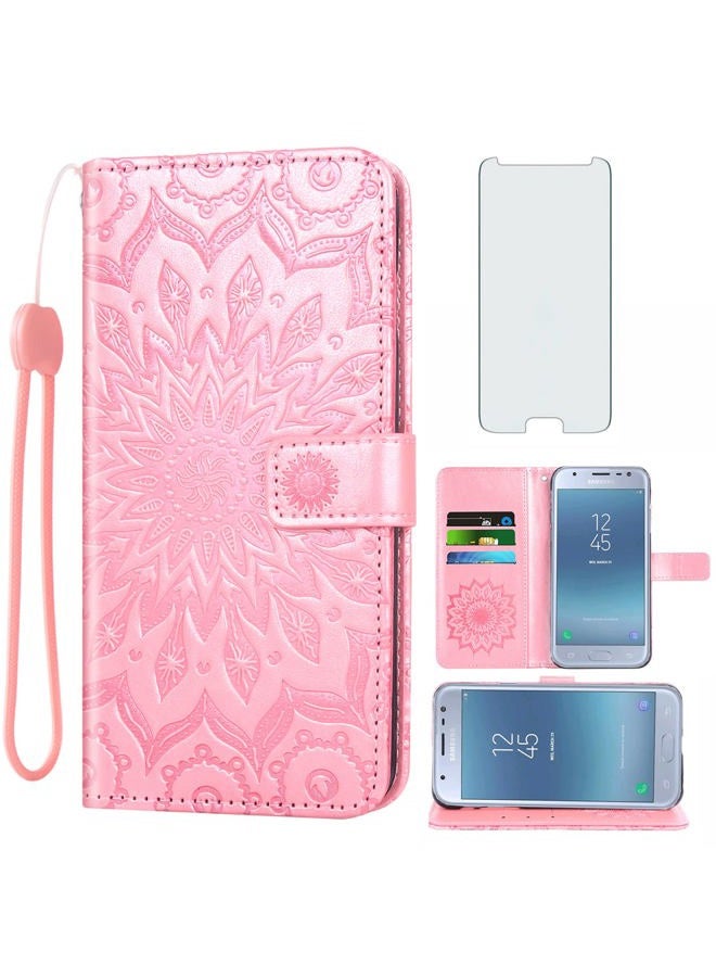 Asuwish Phone Case for Samsung Galaxy J3 Luna Pro J 3 Prime 2017 Emerge 3J Eclipse Mission Wallet Cases with Tempered Glass Screen Protector Leather Flip Cover Card Holder Cell Glaxay S327VL Women Rose Gold - Image 1