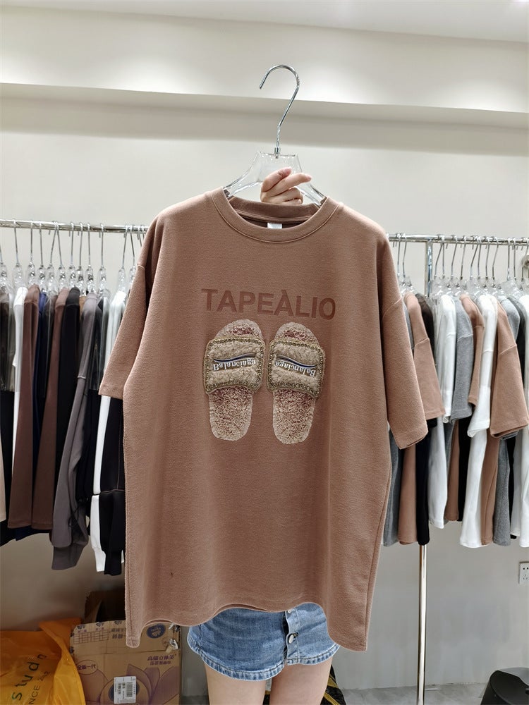 Wholesale summer mid-length sanding short-sleeved T-shirt women's 2023 European goods loose foreign style half-sleeved clothes ins tide - Image 3
