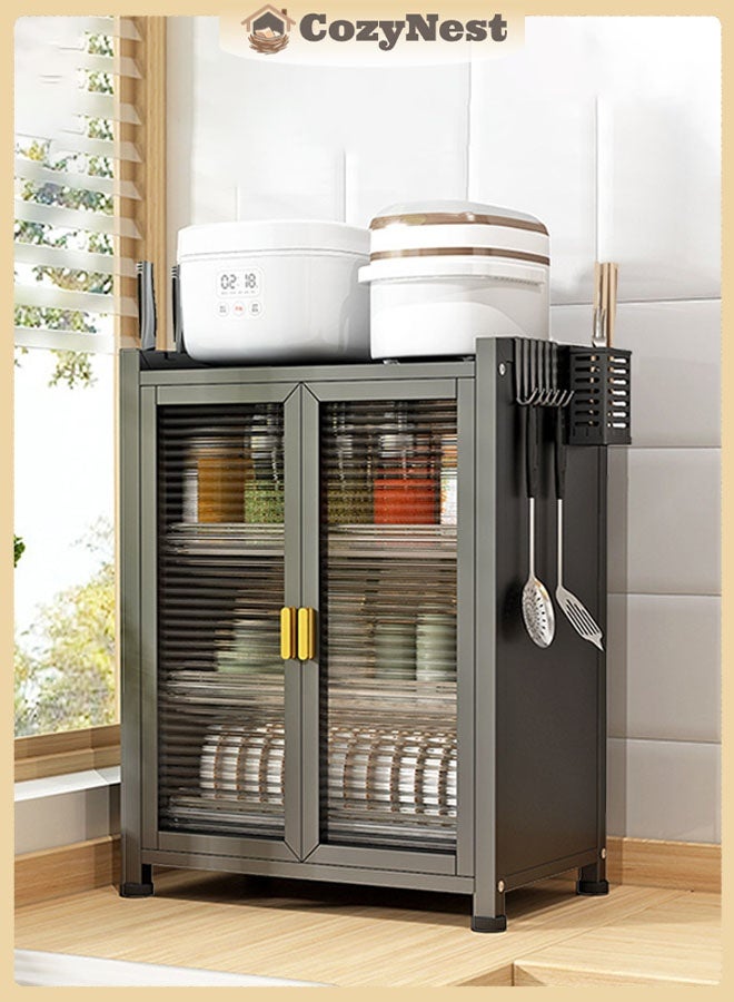CozyNest 3-Tier Small Kitchen Sideboard Cabinet Dish Rack with Glass Doors, Countertop Pantry Storage Cabinet for Kitchen & Dining Room, Ideal for Dishes, Spices, Bottles and Bowls, Black - Image 1