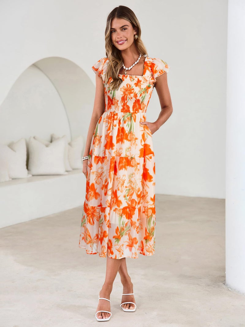 Simplee Women Floral Summer Midi Dress Beach Vacation Square Neck Spring Sun Dress A Line Chiffon Long Wedding Guest Dress 2026 (Orange Floral M) - Image 4