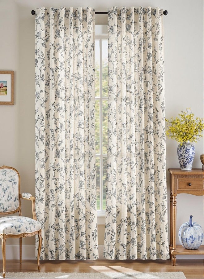 Lazzzy Blue Floral Curtains 84 Inch Length Linen Farmhouse Curtain Back Tab Drapes for Living Room Bedroom Light Filtering Vintage Rod Pocket Curtains, 2 Panels, Blue on Beige - Image 2