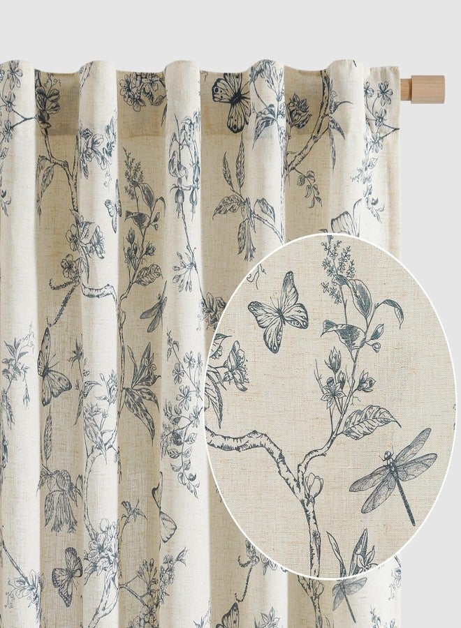 Lazzzy Blue Floral Curtains 84 Inch Length Linen Farmhouse Curtain Back Tab Drapes for Living Room Bedroom Light Filtering Vintage Rod Pocket Curtains, 2 Panels, Blue on Beige - Image 1