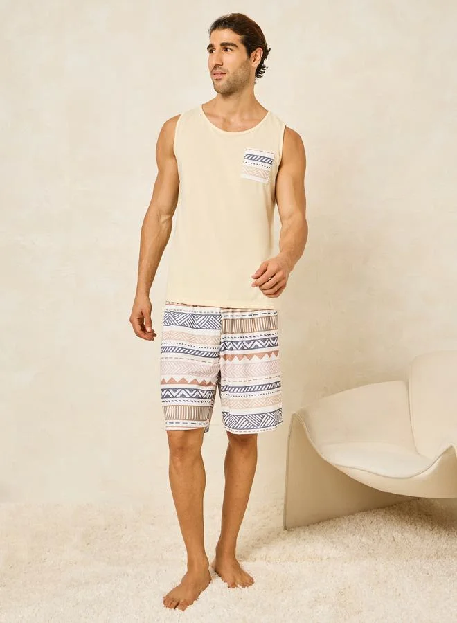 ستايلي Tribal Print Pocket Detail Tank & Shorts Set