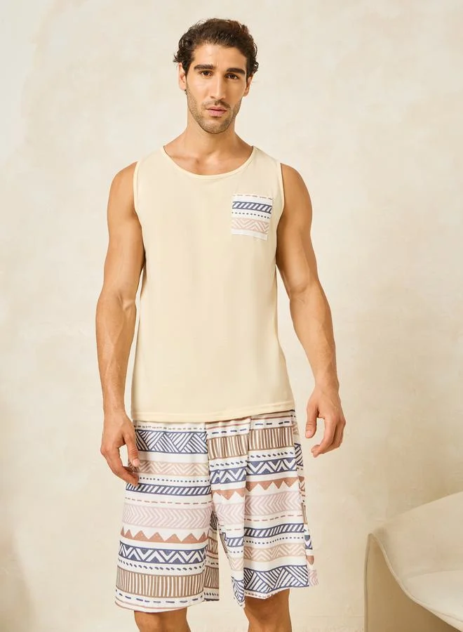 ستايلي Tribal Print Pocket Detail Tank & Shorts Set