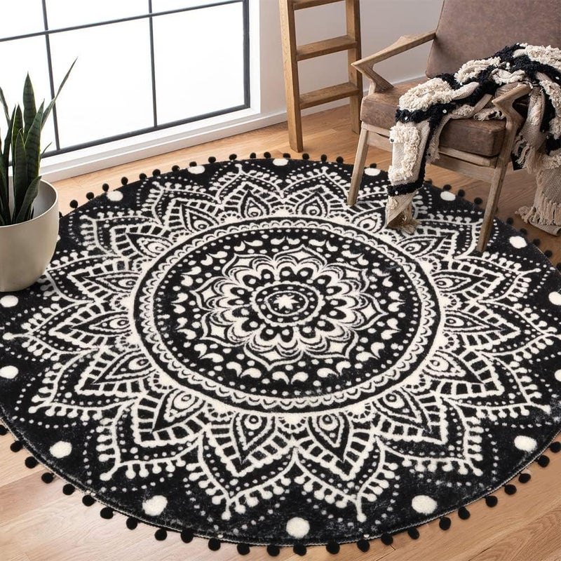 Uphome Boho Round Rug for Living Room 4' Circular Black Mandala Area Rug with Pom Poms Fringe Washable Cute Bohemian Accent Throw Rugs Non-Slip Soft Floor Mat for Bedroom Sofa Kids Room Nursery - Image 1