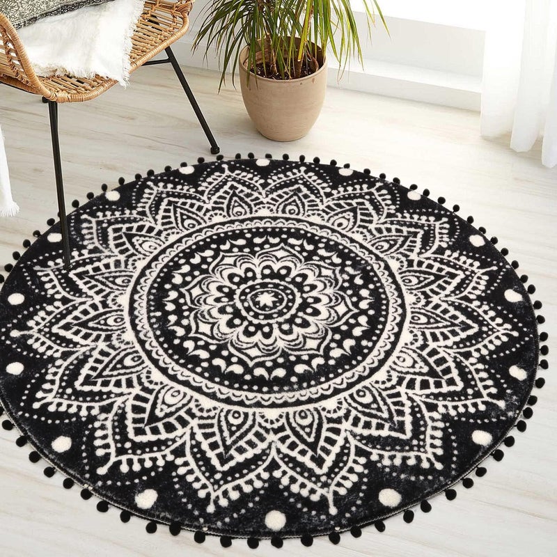 Uphome Boho Round Rug for Living Room 4' Circular Black Mandala Area Rug with Pom Poms Fringe Washable Cute Bohemian Accent Throw Rugs Non-Slip Soft Floor Mat for Bedroom Sofa Kids Room Nursery - Image 5