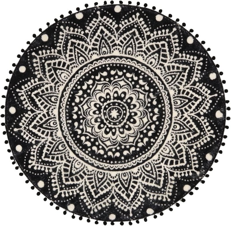 Uphome Boho Round Rug for Living Room 4' Circular Black Mandala Area Rug with Pom Poms Fringe Washable Cute Bohemian Accent Throw Rugs Non-Slip Soft Floor Mat for Bedroom Sofa Kids Room Nursery - Image 4