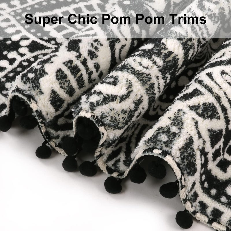 Uphome Boho Round Rug for Living Room 4' Circular Black Mandala Area Rug with Pom Poms Fringe Washable Cute Bohemian Accent Throw Rugs Non-Slip Soft Floor Mat for Bedroom Sofa Kids Room Nursery - Image 3