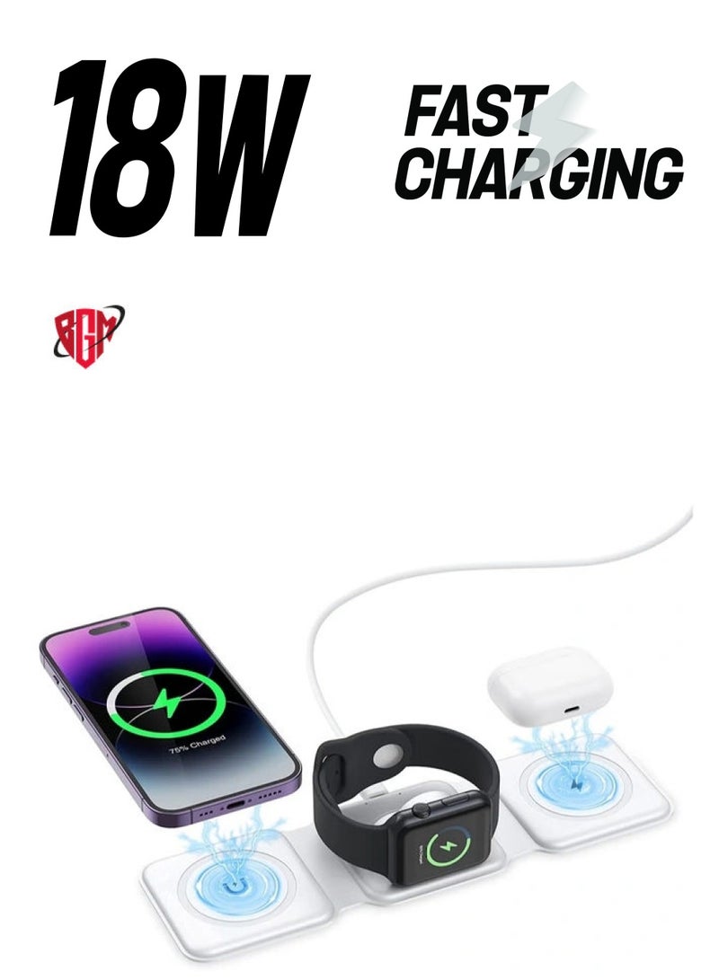 BGM 3 in 1 Wireless Charger, Foldable Magnetic Charger Station, 18W Fast Wireless Charging Pad, Compatible with iPhone 14/13/12/11, Samsung Galaxy, AirPods, Google Pixel, i-Watch  - Image 1