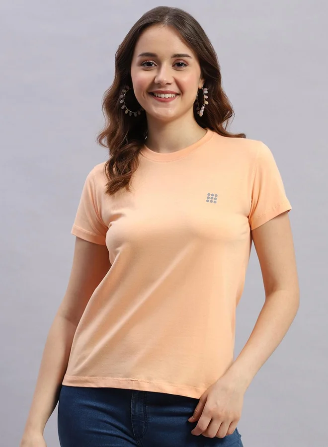 روك إت Women Peach Solid Round Neck Short Sleeve Top