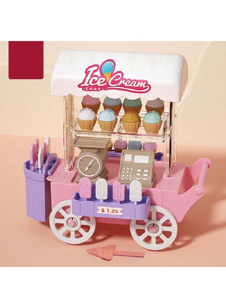 عربة آيس كريم للأطفال بعمر 3 4 5 6 سنوات – لعبة تمثيل الأدوار مزودة بأضواء LED وعجلات متحركة، تشمل مخاريط وبوظة لعبة، ملصقات ديكور، آلة تسجيل نقدي، ميزان، وإكسسوارات حلوى – عربة طعام تعليمية ممتعة م - Image 2
