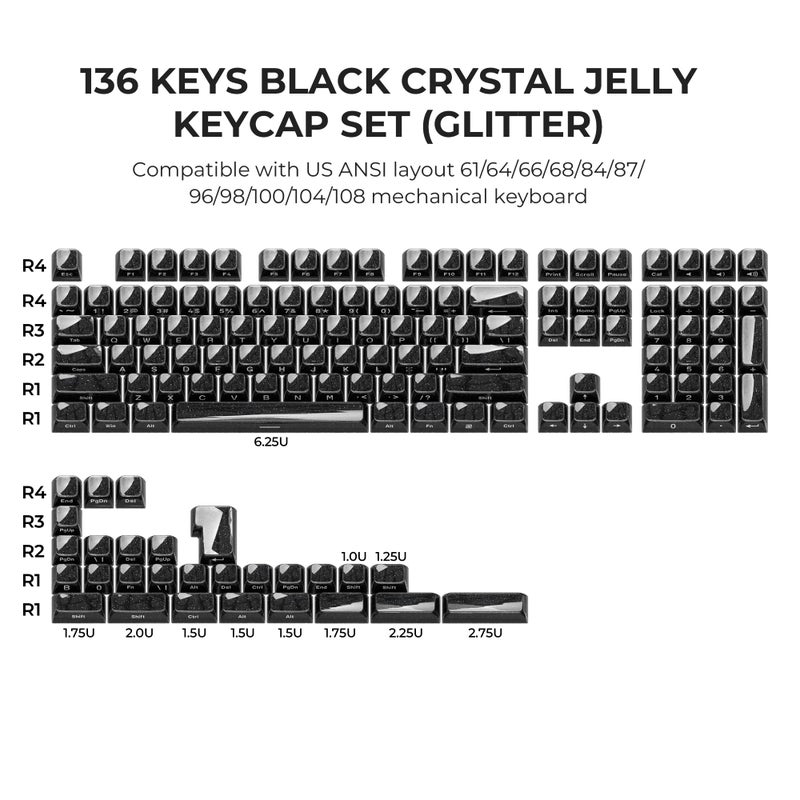 GMKWTL XVX Keycaps, Black Jelly Keyboard Keycaps with Glitter, Starry Key caps OEM Profile, Side Printed Keycap Set Compatible with 61/64/66/68/84/87/96/98/100/108 ANSI Layout MX Switches Mechanical Keyboard - Image 4