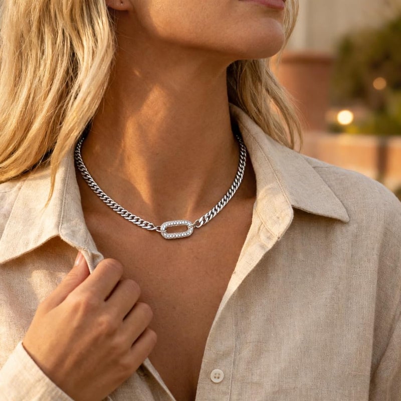 Moodear Silver Necklace for Women Non Tarnish - Chunky Cuban Link Chain Choker Trendy Paved CZ Pendant Dainty Necklaces for Women Sterling Silver Jewelry Gifts - Image 3
