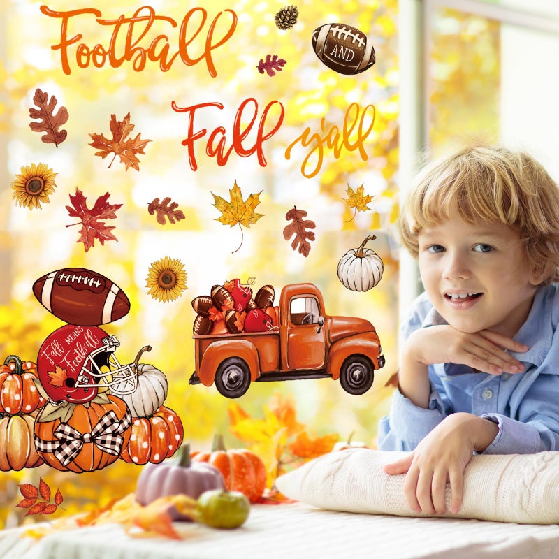 Whaline 6 Sheet Fall Window Clings Football and Fall Y'all Maple Leaf Pumpkin Truck Reusable Window Decals for Autumn Thanksgiving School Office Supplies Glass Home Decor - Image 2