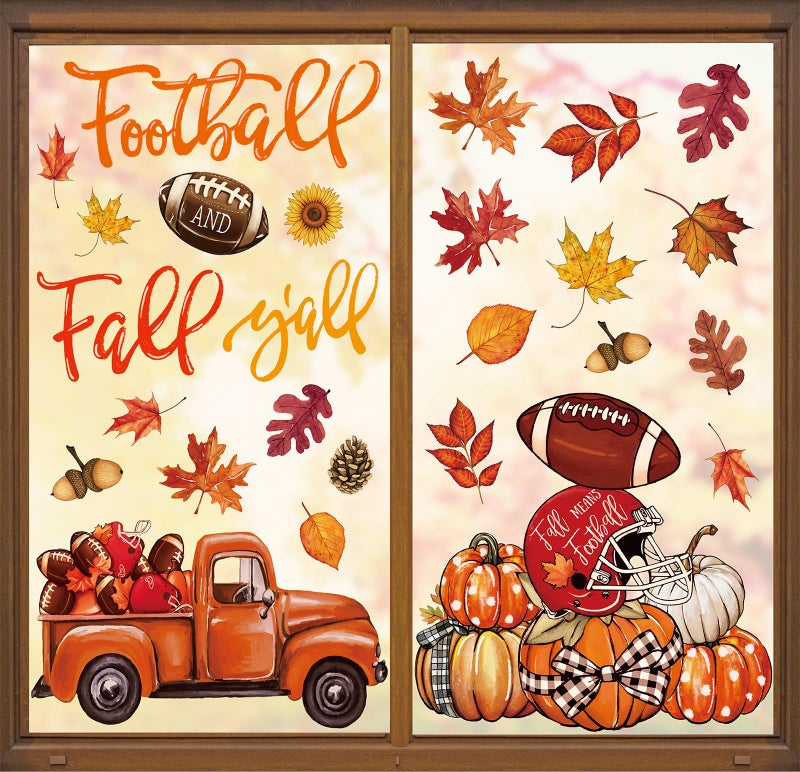 Whaline 6 Sheet Fall Window Clings Football and Fall Y'all Maple Leaf Pumpkin Truck Reusable Window Decals for Autumn Thanksgiving School Office Supplies Glass Home Decor - Image 1